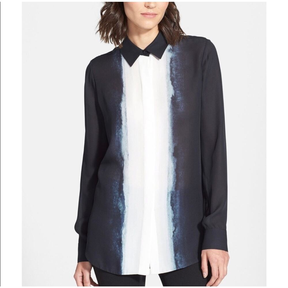 VINCE Vertical Dip Dye Silk Ombré Button Down Blouse 0